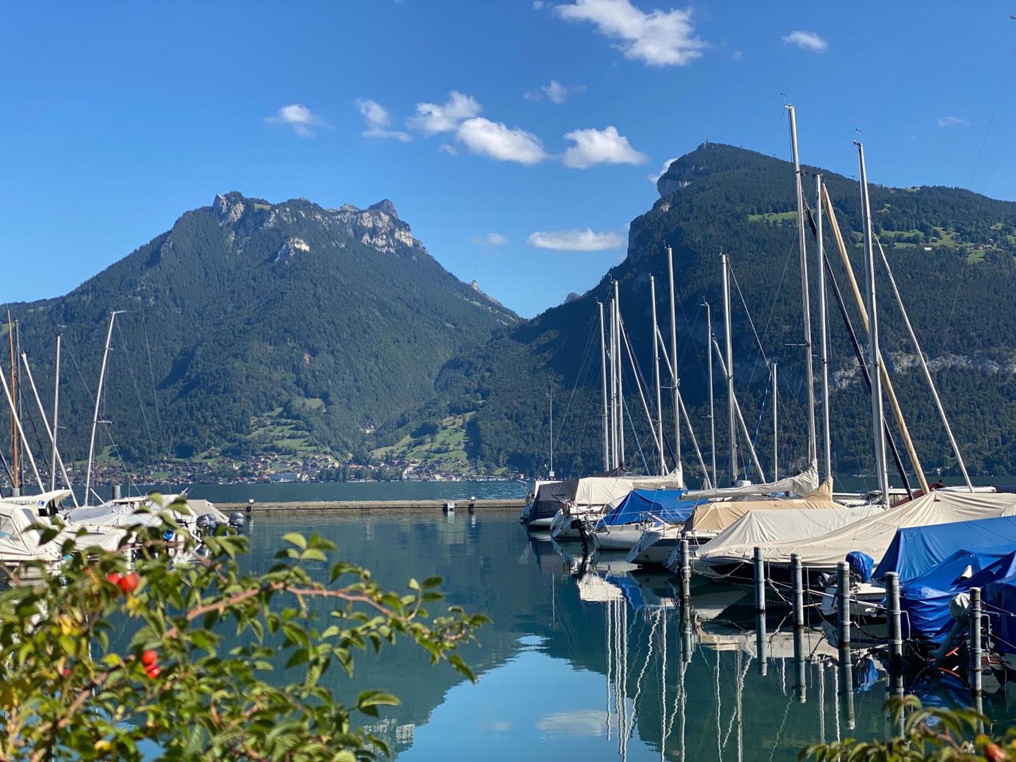 Herrlicher Blick Auf Berge Und See Faulensee Bagian luar foto